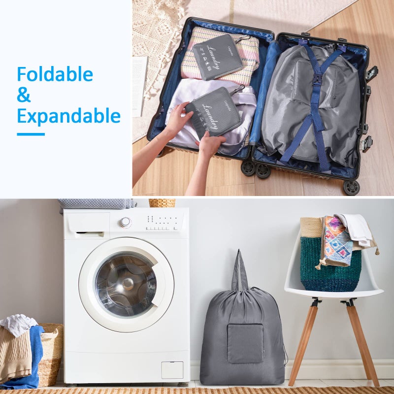 GOGOODA Travel Laundry Bags with Drawstring Closure XL Large Foldable Dirty Clothes bags with Handle Heavy Duty and Washable for College Dorm Travelling Camping, 2 Pack, Black & Grey - Image 3